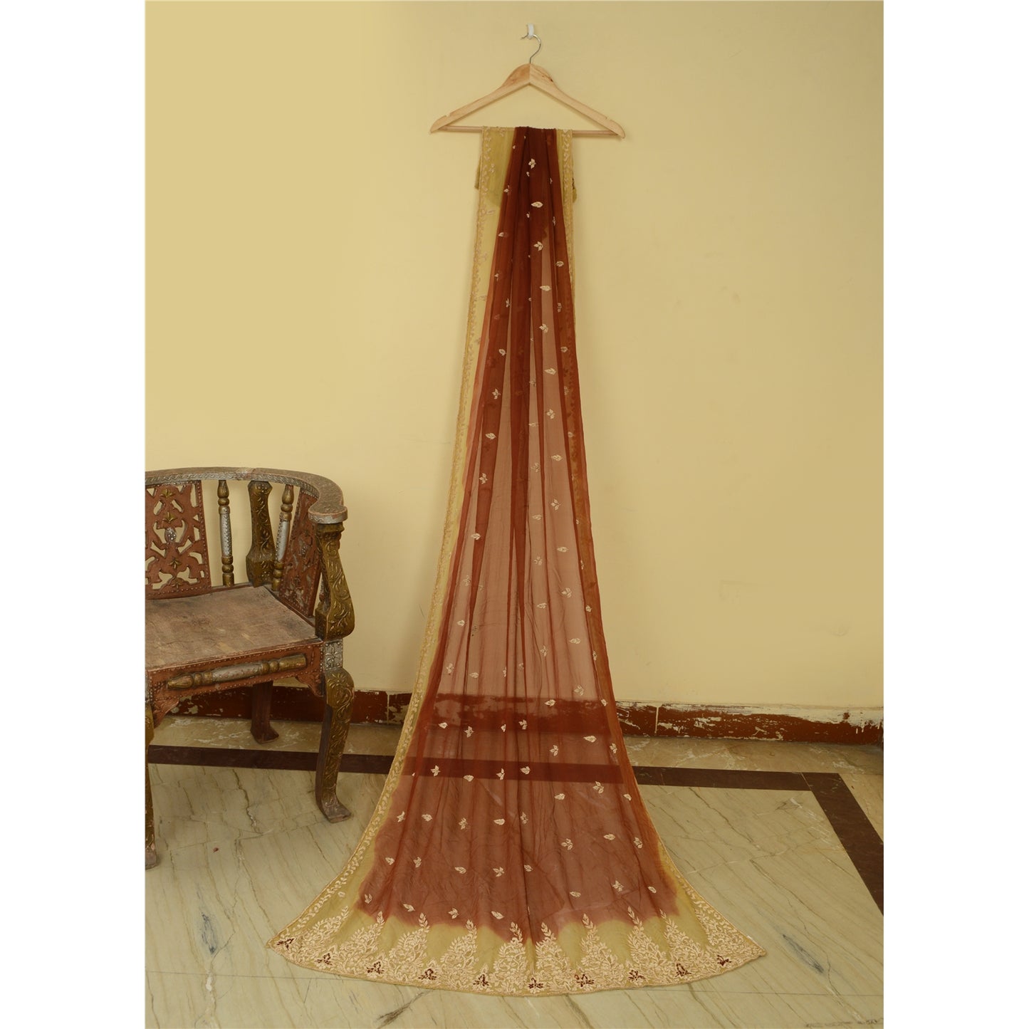 Sanskriti Vintage Dupatta Pure Chiffon Silk Hand Embroidered Zari Zardozi Cream & Orange Stole Indian Craft Supplies Fabric