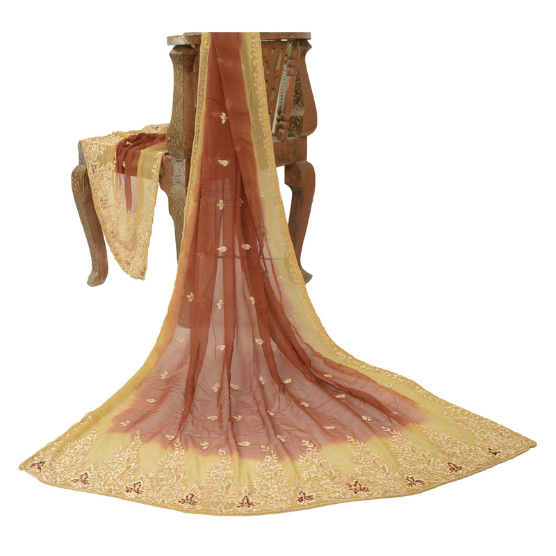 Sanskriti Vintage Dupatta Pure Chiffon Silk Hand Embroidered Zari Zardozi Cream & Orange Stole Indian Craft Supplies Fabric
