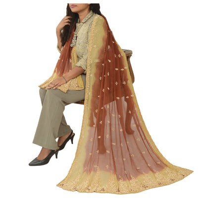 Sanskriti Vintage Dupatta Pure Chiffon Silk Hand Embroidered Zari Zardozi Cream & Orange Stole Indian Craft Supplies Fabric