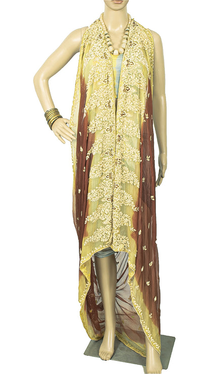 Sanskriti Vintage Dupatta Pure Chiffon Silk Hand Embroidered Zari Zardozi Cream & Orange Stole Indian Craft Supplies Fabric