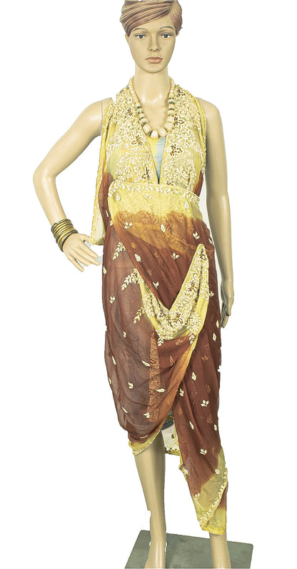Sanskriti Vintage Dupatta Pure Chiffon Silk Hand Embroidered Zari Zardozi Cream & Orange Stole Indian Craft Supplies Fabric