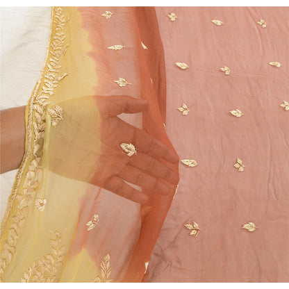 Sanskriti Vintage Dupatta Pure Chiffon Silk Hand Embroidered Zari Zardozi Cream & Orange Stole Indian Craft Supplies Fabric