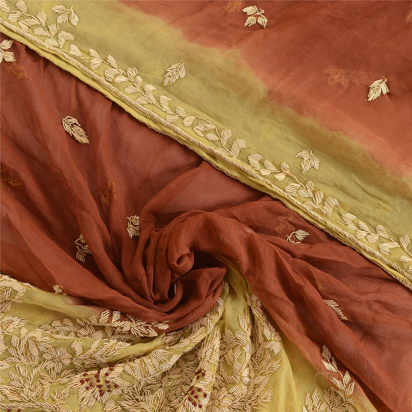 Sanskriti Vintage Dupatta Pure Chiffon Silk Hand Embroidered Zari Zardozi Cream & Orange Stole Indian Craft Supplies Fabric