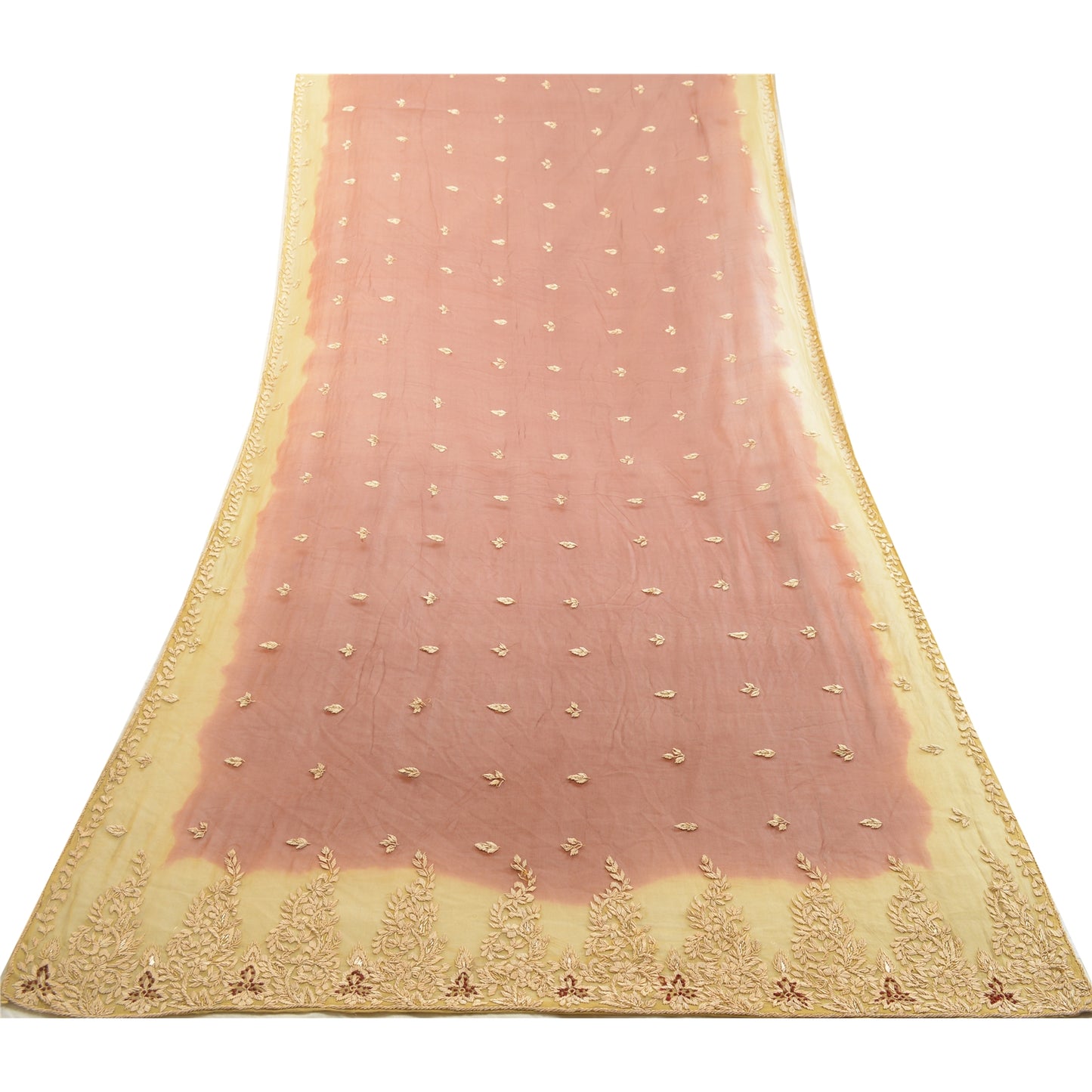 Sanskriti Vintage Dupatta Pure Chiffon Silk Hand Embroidered Zari Zardozi Cream & Orange Stole Indian Craft Supplies Fabric
