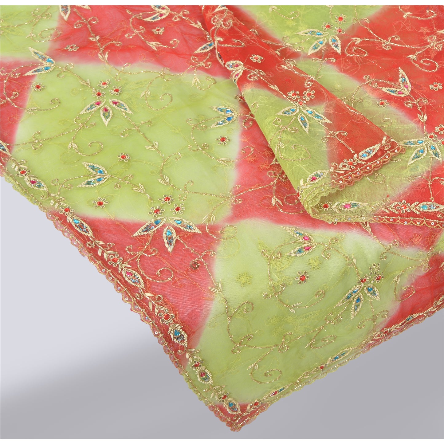 Sanskriti Vintage Green Dupatta Net Mesh Hand Beaded Rhinestone Work Stole