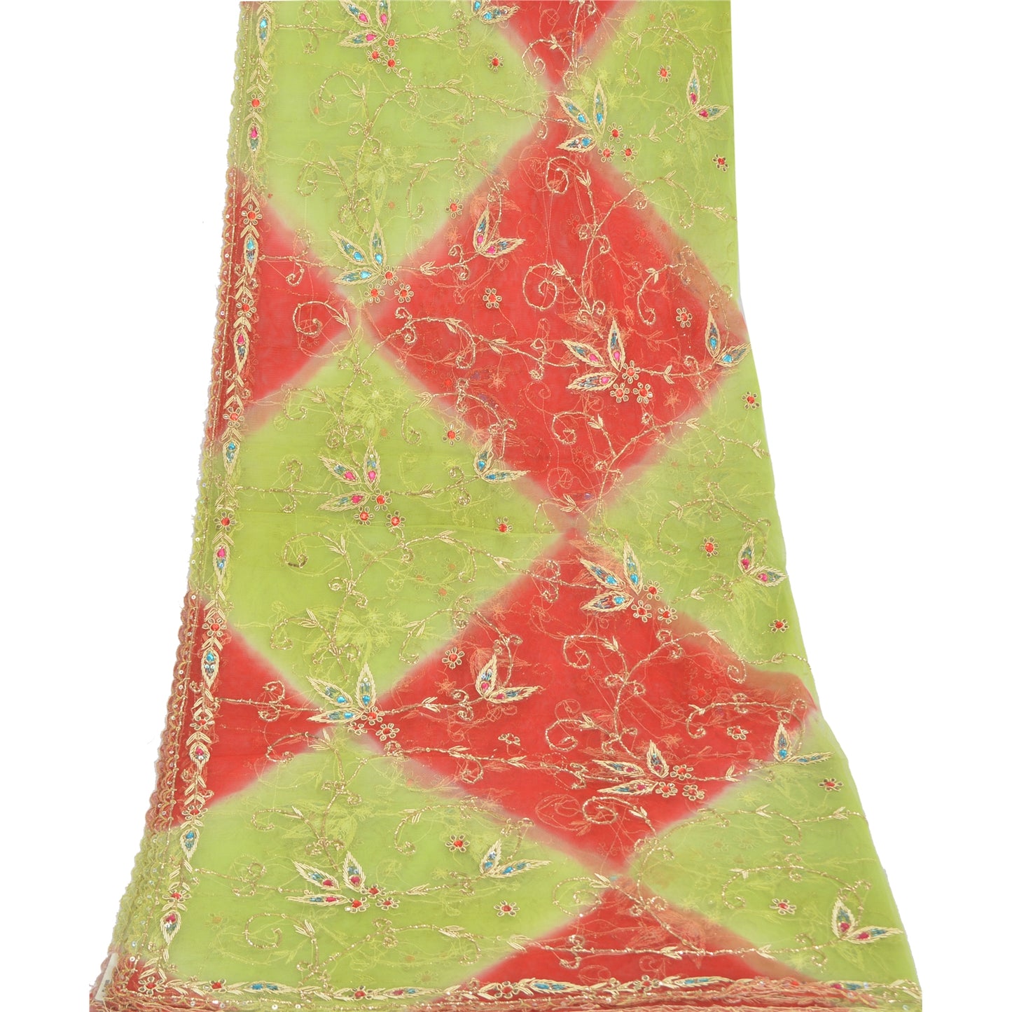 Sanskriti Vintage Green Dupatta Net Mesh Hand Beaded Rhinestone Work Stole