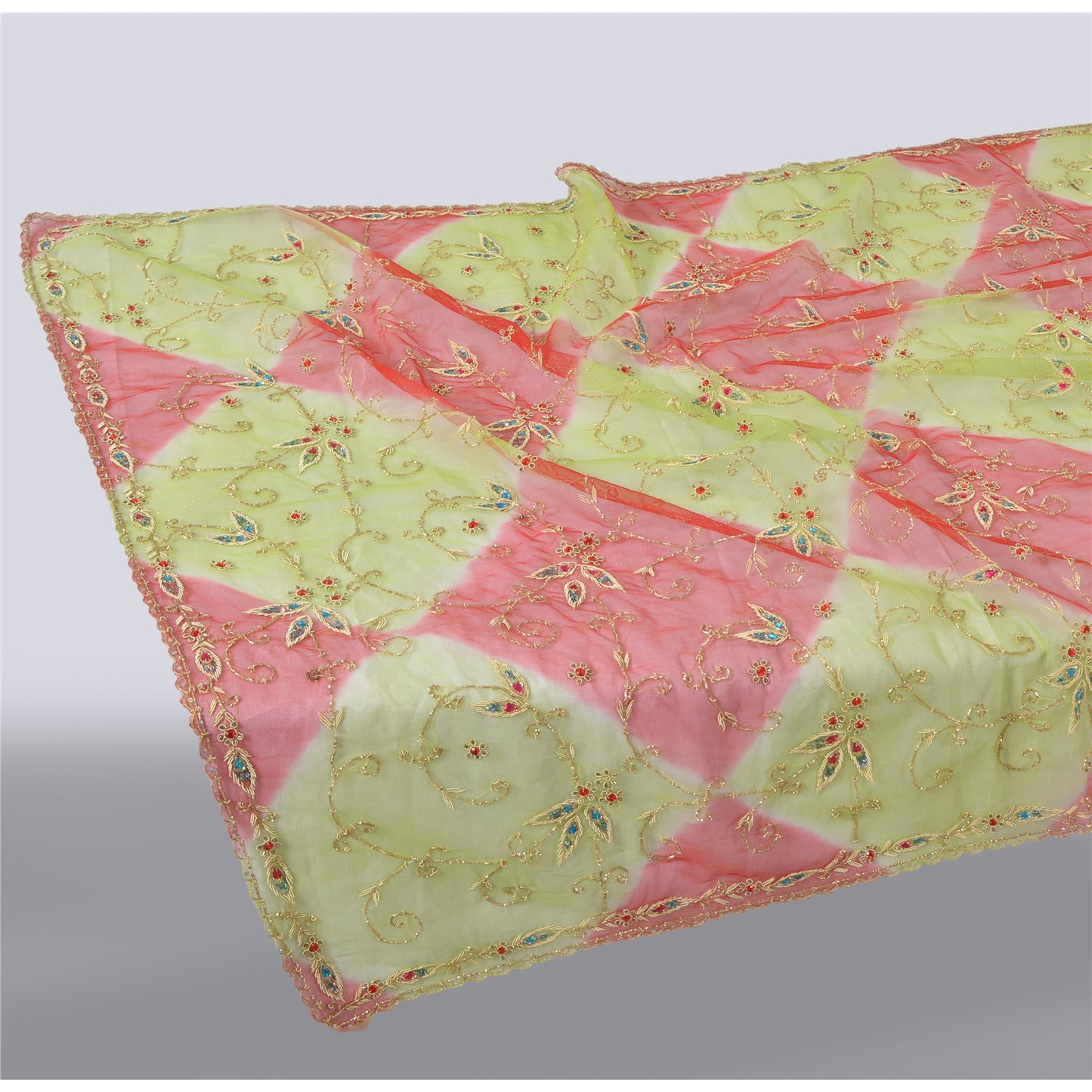 Sanskriti Vintage Green Dupatta Net Mesh Hand Beaded Rhinestone Work Stole