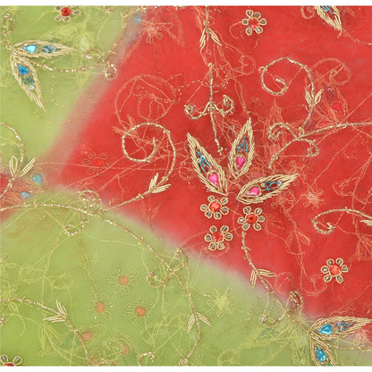 Sanskriti Vintage Green Dupatta Net Mesh Hand Beaded Rhinestone Work Stole