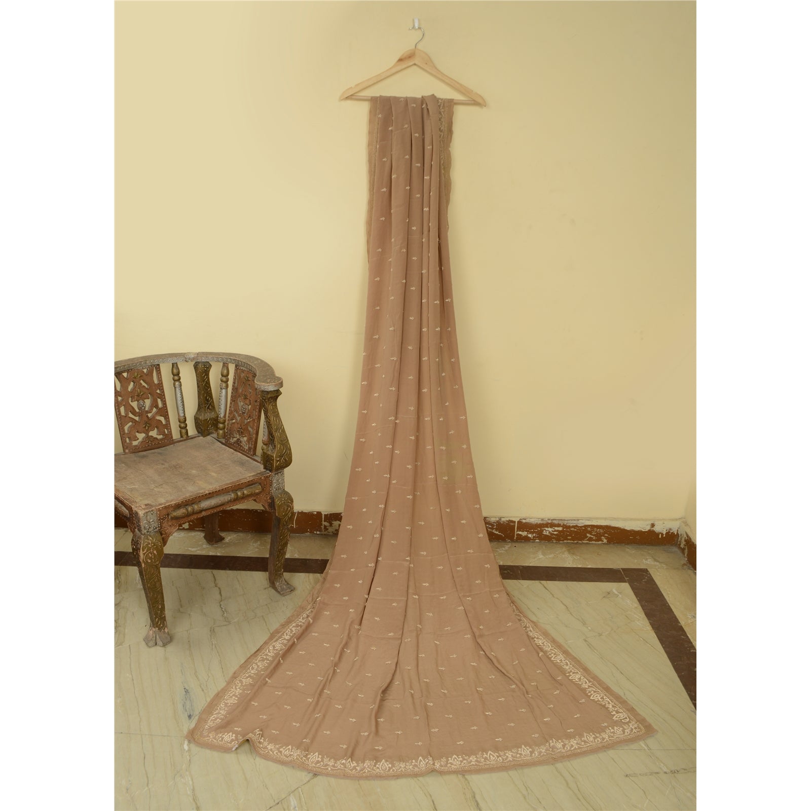 Sanskriti Vintage Brown Dupatta Pure Crepe Silk Hand Embroidered Zardozi Stole