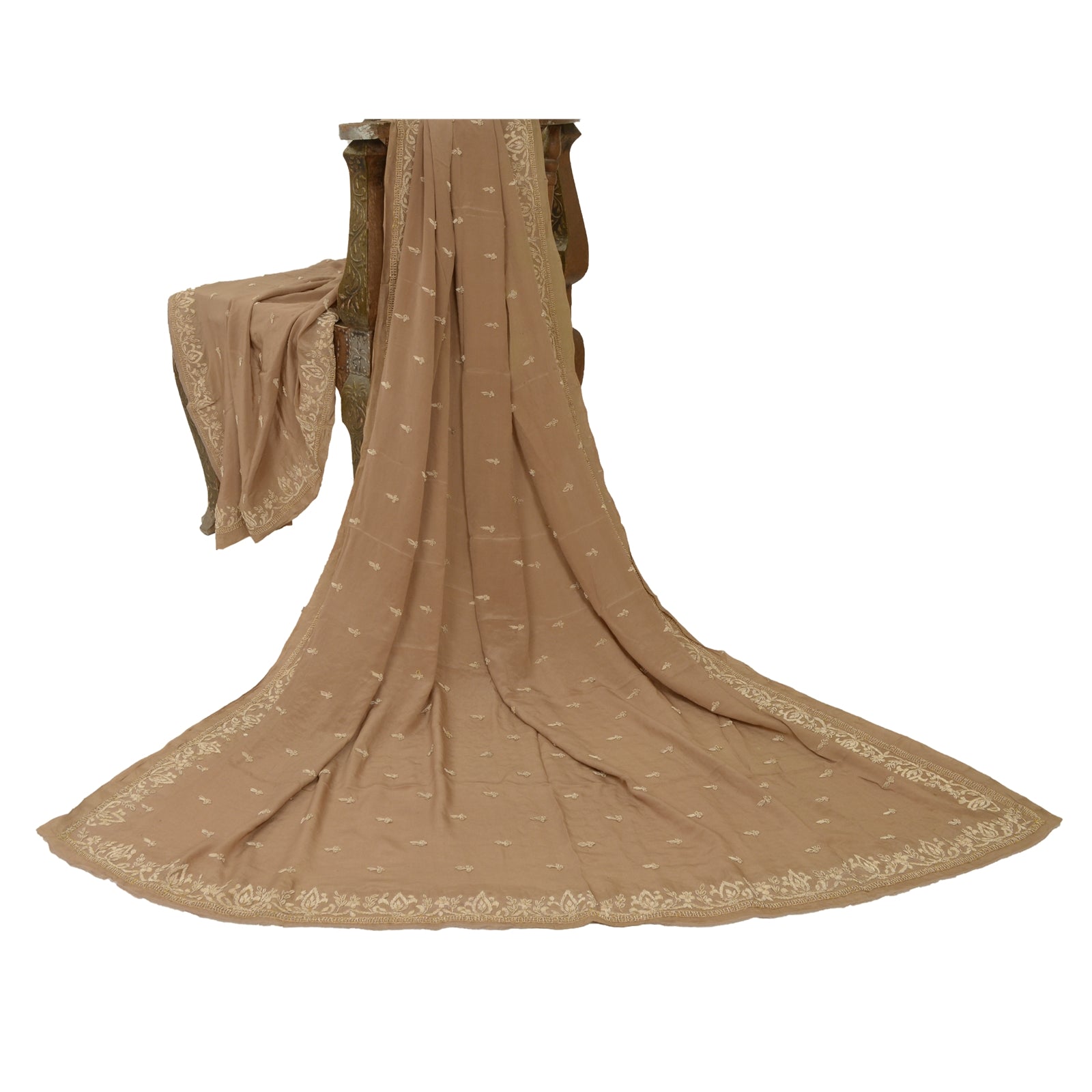 Sanskriti Vintage Brown Dupatta Pure Crepe Silk Hand Embroidered Zardozi Stole