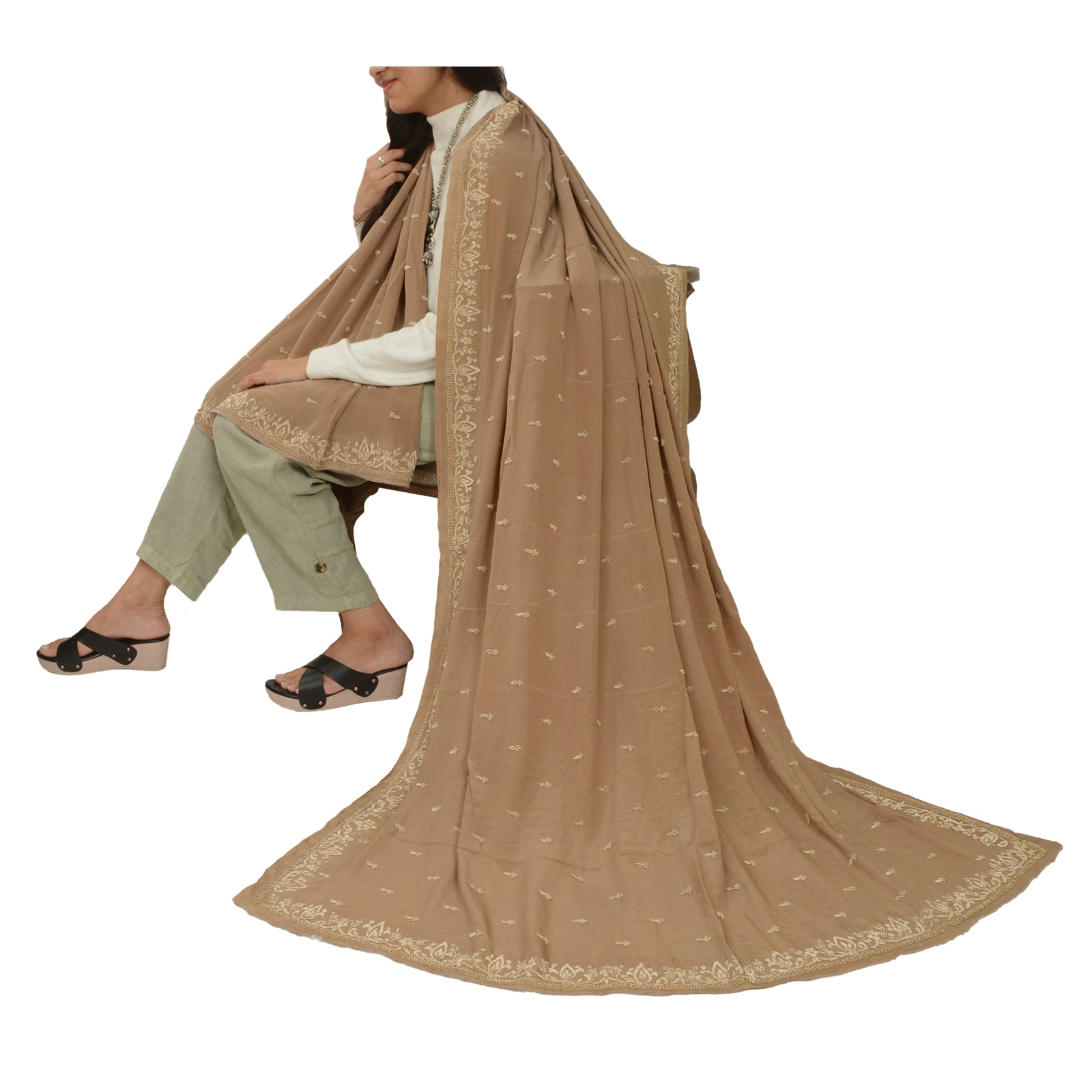 Sanskriti Vintage Brown Dupatta Pure Crepe Silk Hand Embroidered Zardozi Stole