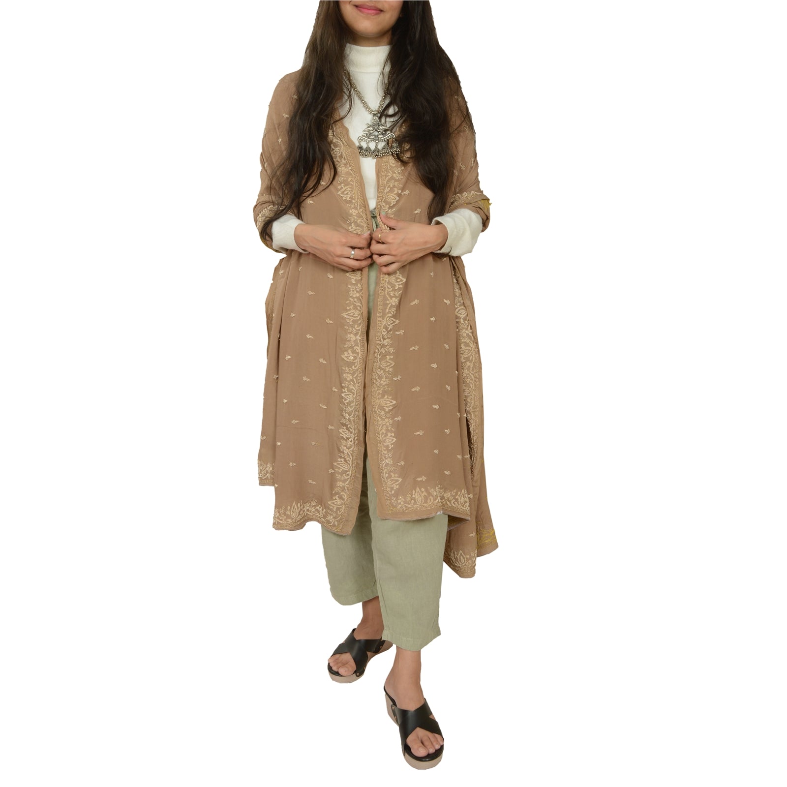 Sanskriti Vintage Brown Dupatta Pure Crepe Silk Hand Embroidered Zardozi Stole