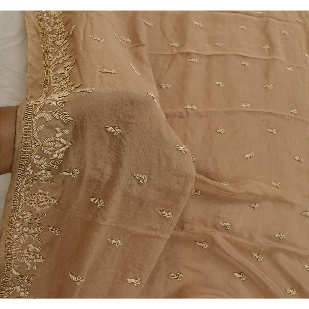 Sanskriti Vintage Brown Dupatta Pure Crepe Silk Hand Embroidered Zardozi Stole