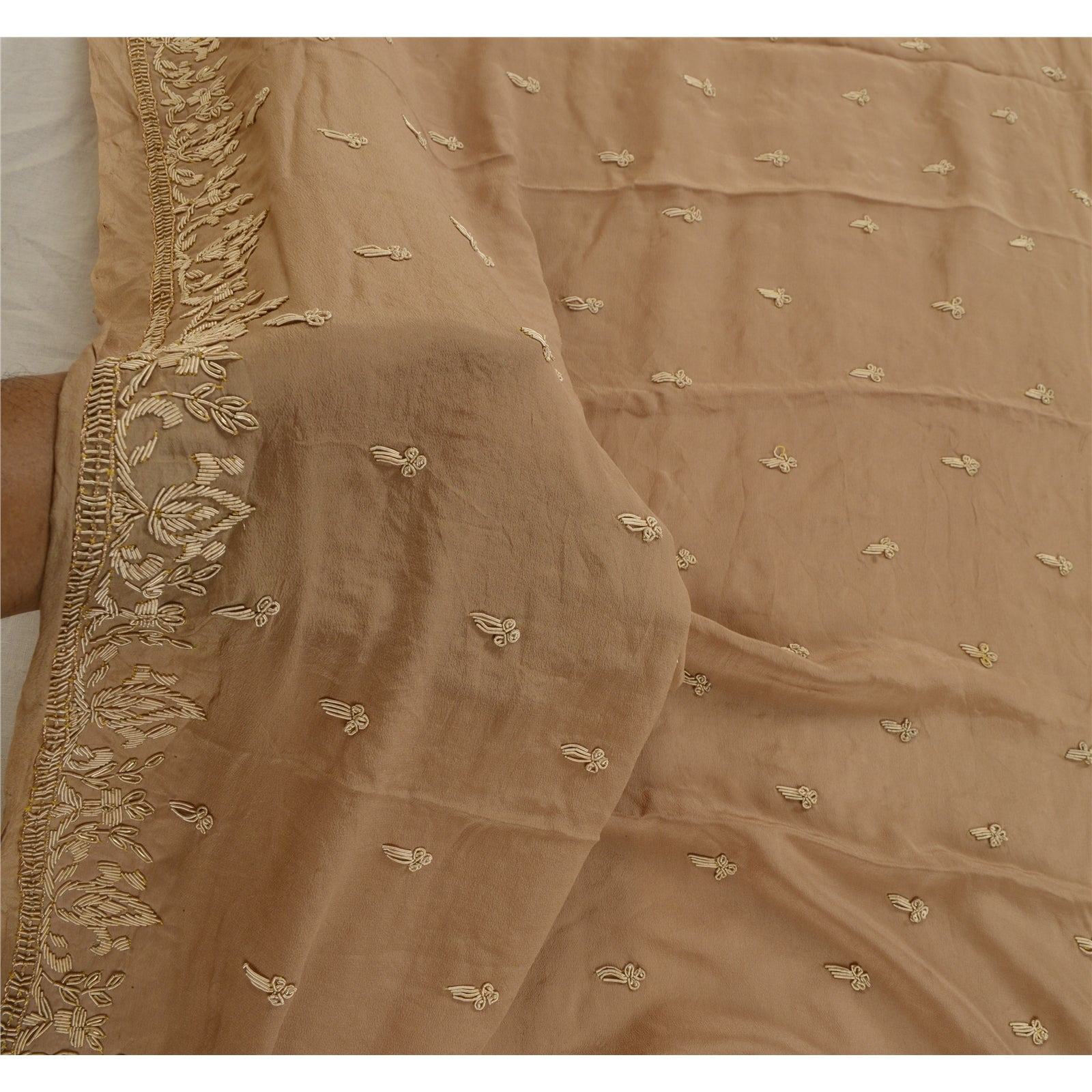 Sanskriti Vintage Brown Dupatta Pure Crepe Silk Hand Embroidered Zardozi Stole