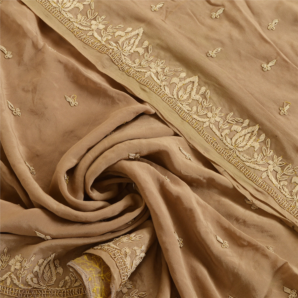 Sanskriti Vintage Brown Dupatta Pure Crepe Silk Hand Embroidered Zardozi Stole