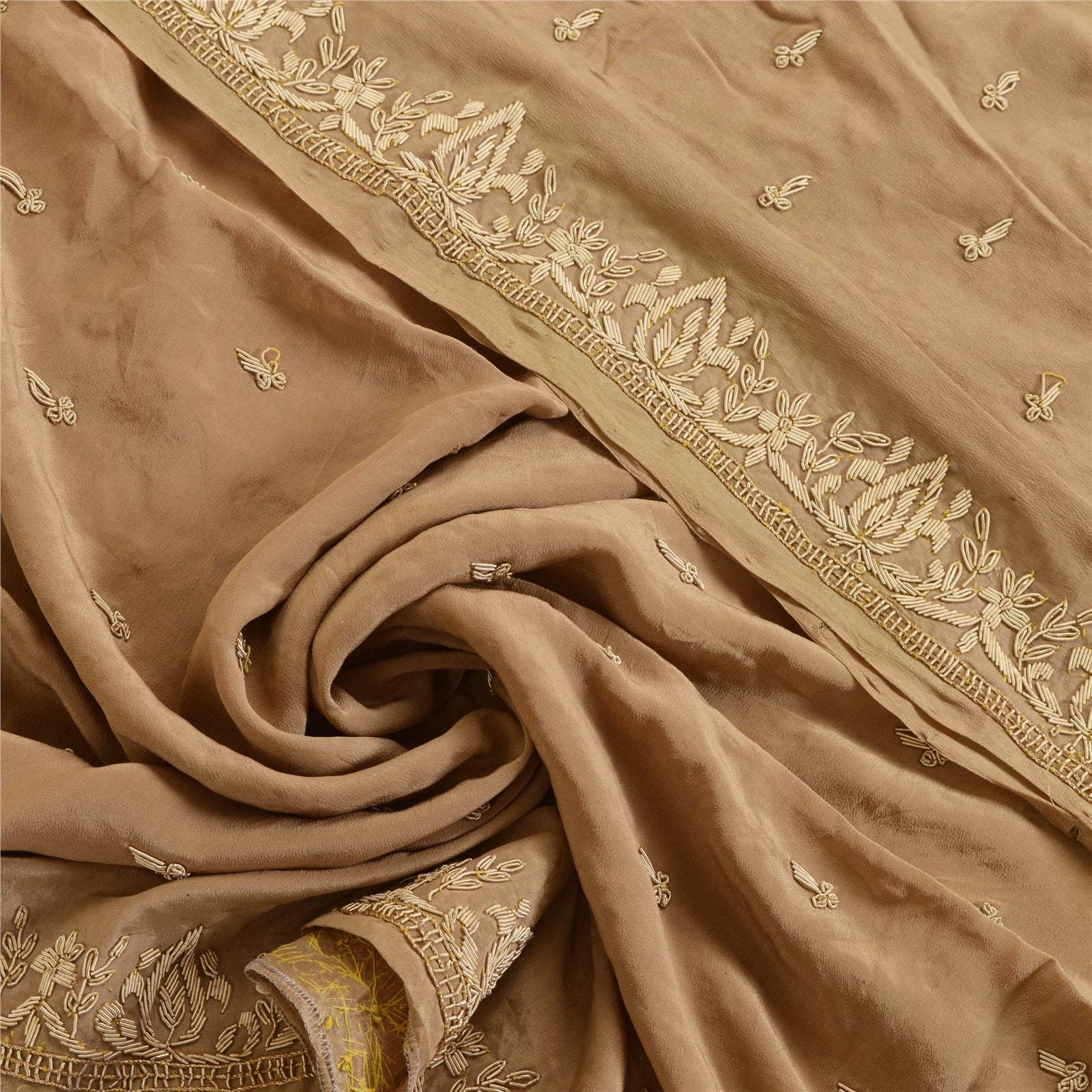 Sanskriti Vintage Brown Dupatta Pure Crepe Silk Hand Embroidered Zardozi Stole