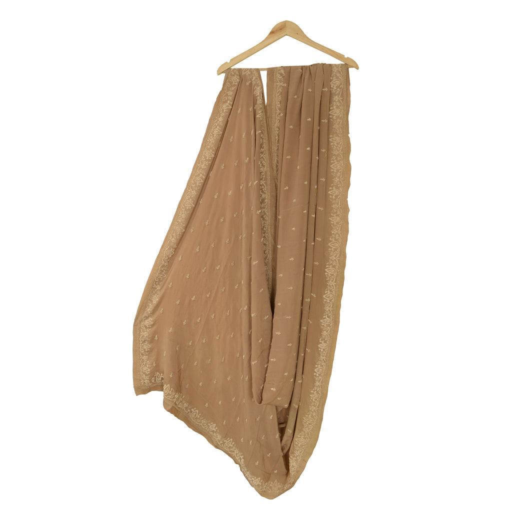 Sanskriti Vintage Brown Dupatta Pure Crepe Silk Hand Embroidered Zardozi Stole