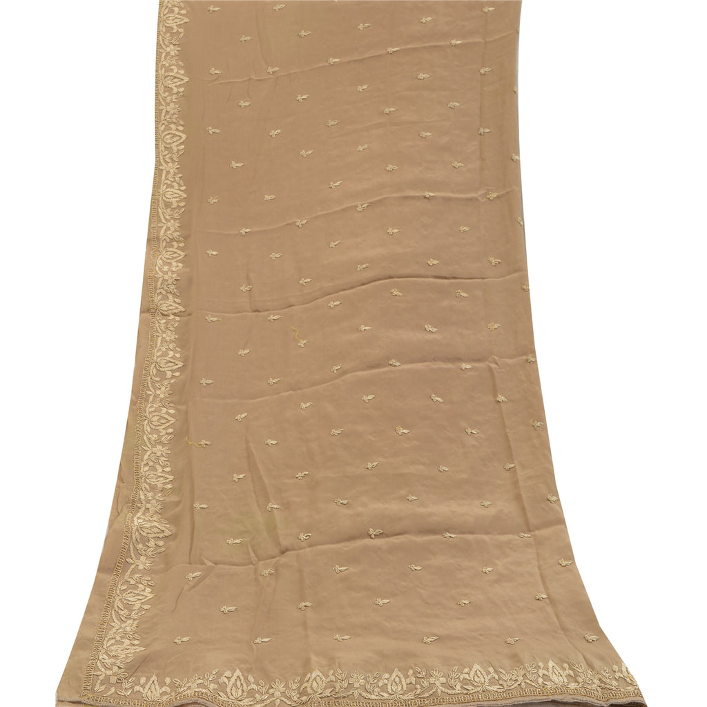 Sanskriti Vintage Brown Dupatta Pure Crepe Silk Hand Embroidered Zardozi Stole