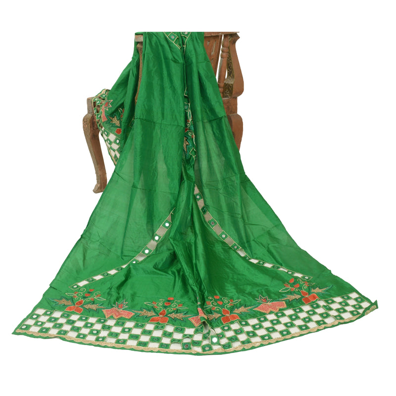 Sanskriti Vintage Green Pure Silk Dupatta Hand Beaded Zardozi Mirror Work Stole Create Dresses, Kaftan, Skirt, Top, Projects,Decor, Sewing
