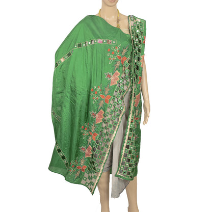Sanskriti Vintage Green Pure Silk Dupatta Hand Beaded Zardozi Mirror Work Stole Create Dresses, Kaftan, Skirt, Top, Projects,Decor, Sewing