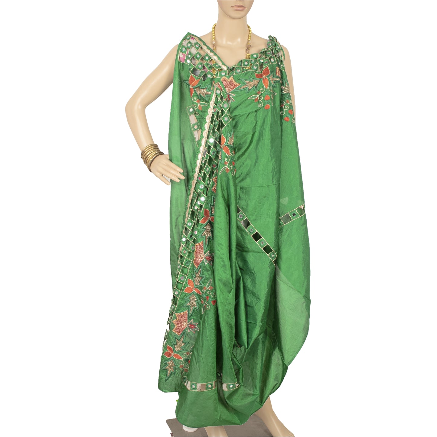 Sanskriti Vintage Green Pure Silk Dupatta Hand Beaded Zardozi Mirror Work Stole Create Dresses, Kaftan, Skirt, Top, Projects,Decor, Sewing