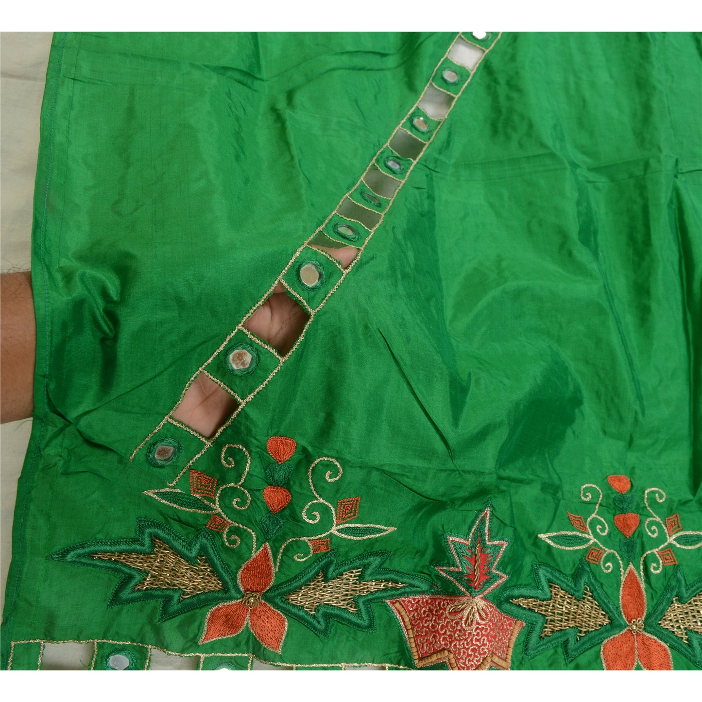 Sanskriti Vintage Green Pure Silk Dupatta Hand Beaded Zardozi Mirror Work Stole Create Dresses, Kaftan, Skirt, Top, Projects,Decor, Sewing