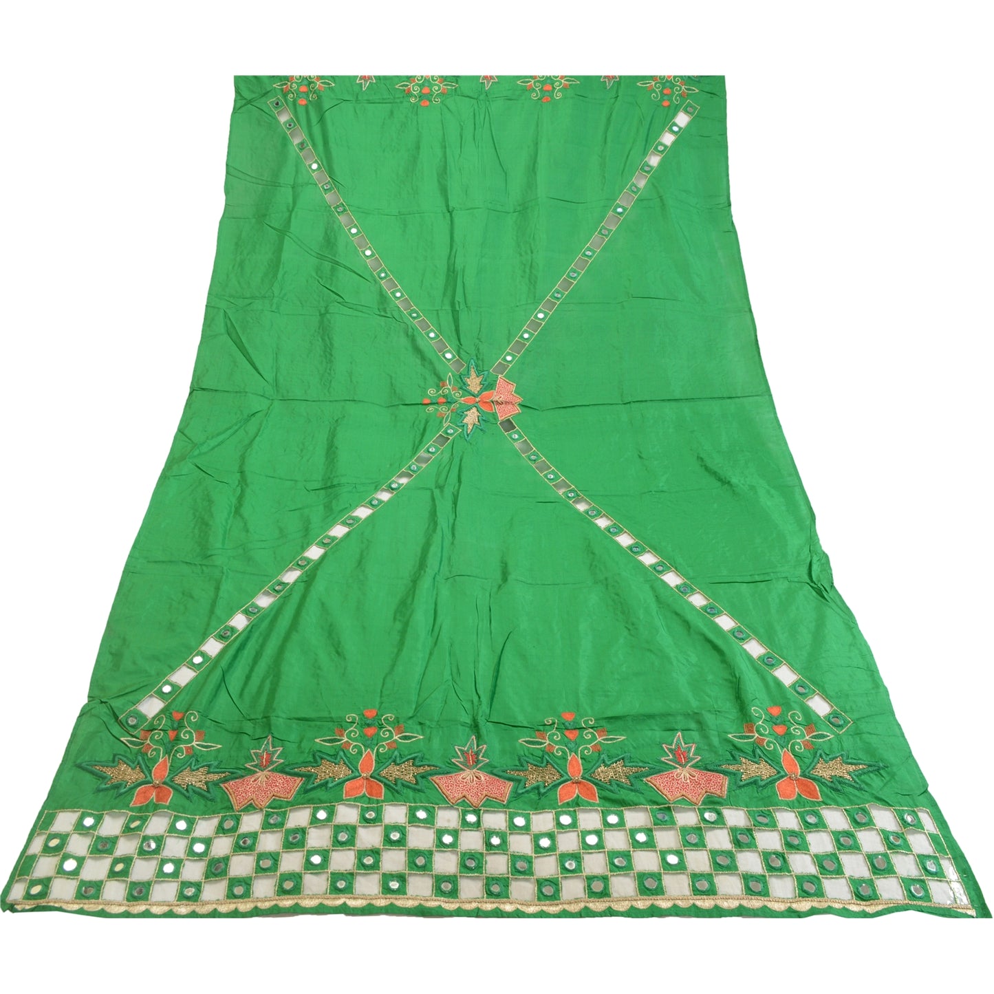 Sanskriti Vintage Green Pure Silk Dupatta Hand Beaded Zardozi Mirror Work Stole Create Dresses, Kaftan, Skirt, Top, Projects,Decor, Sewing