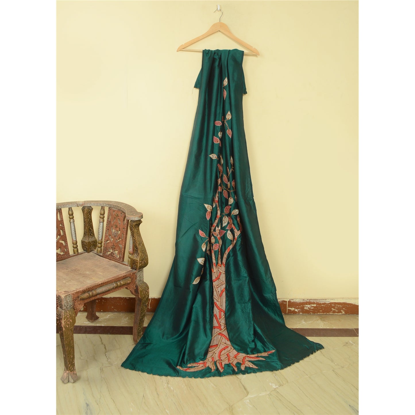 Sanskriti Vintage Green Dupatta Applique Pure Silk Hand Bead Zari Festival Stole