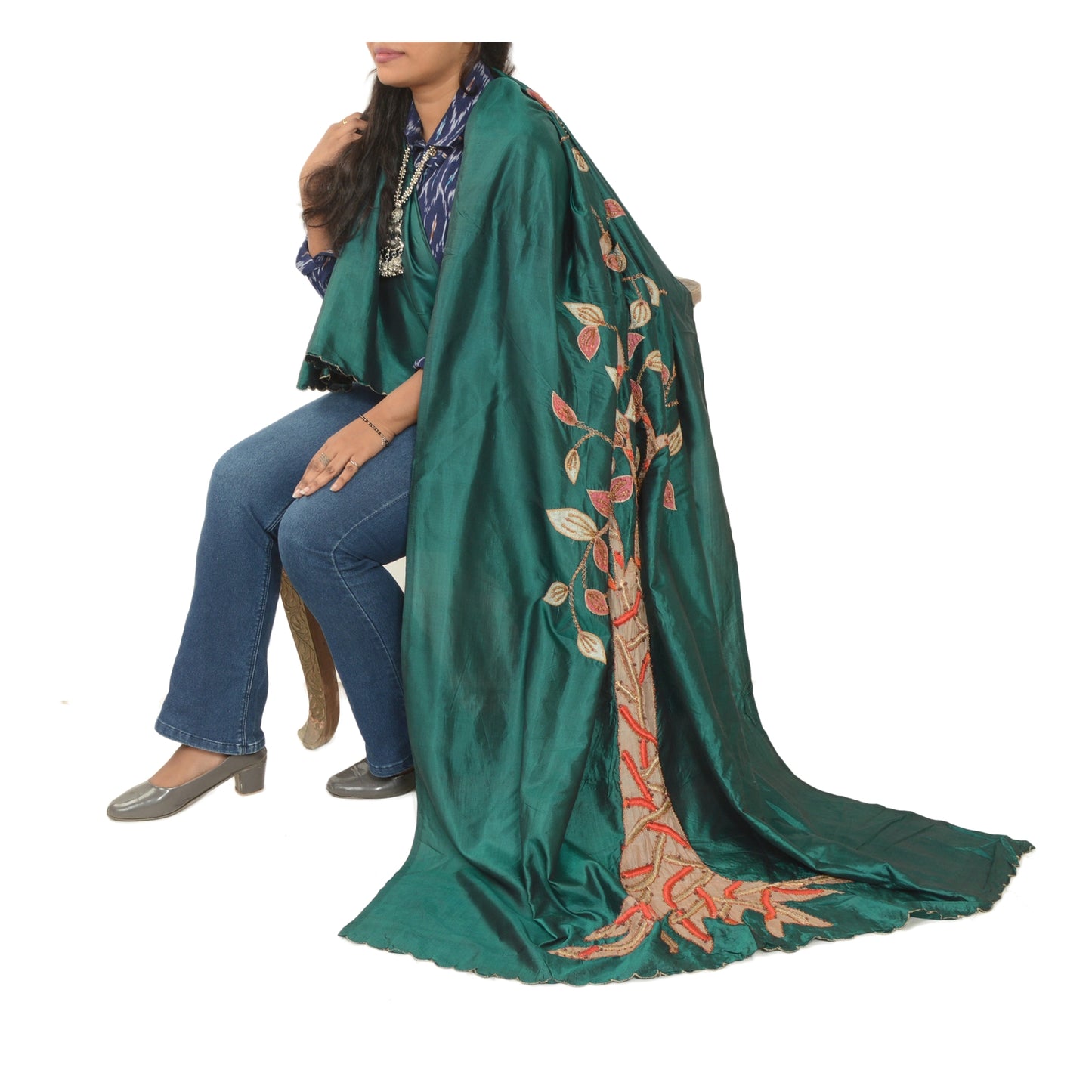 Sanskriti Vintage Green Dupatta Applique Pure Silk Hand Bead Zari Festival Stole