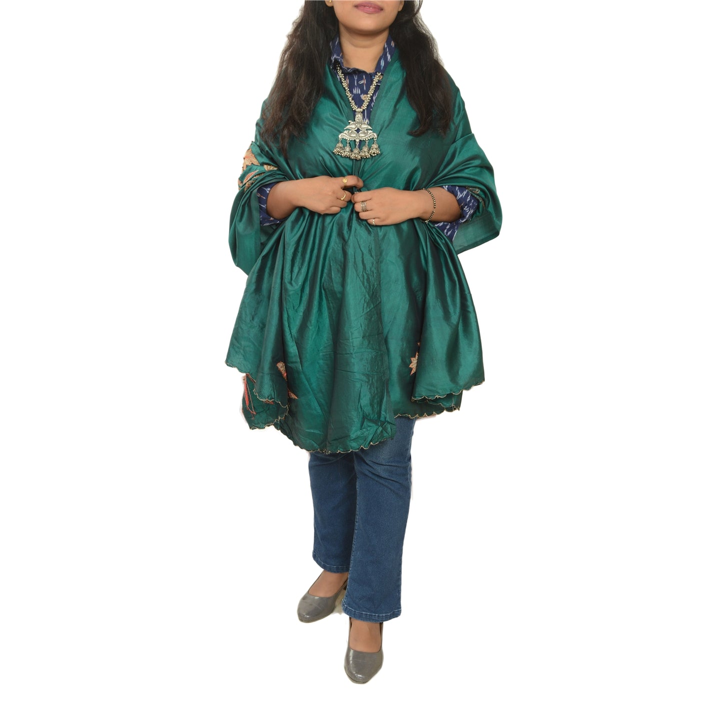 Sanskriti Vintage Green Dupatta Applique Pure Silk Hand Bead Zari Festival Stole