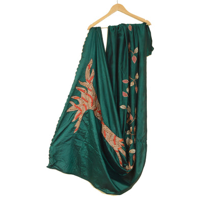 Sanskriti Vintage Green Dupatta Applique Pure Silk Hand Bead Zari Festival Stole