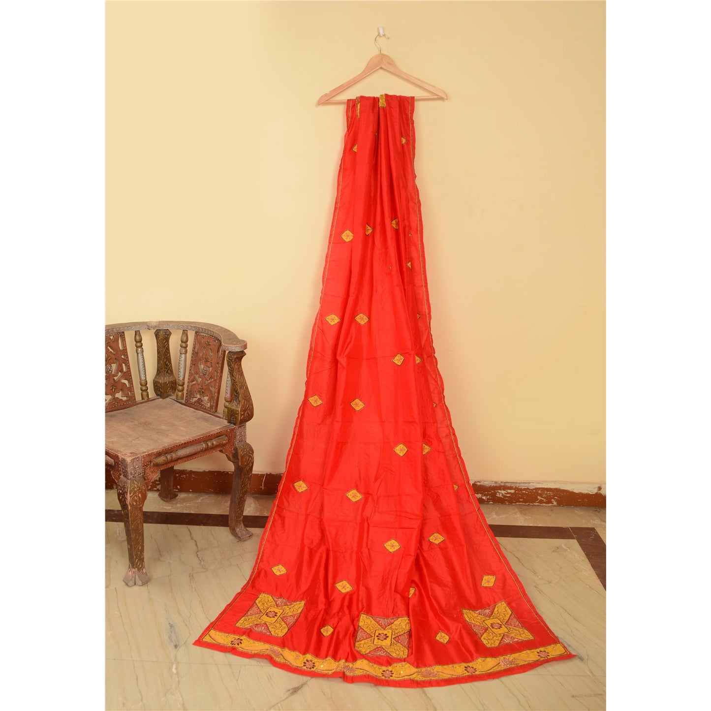 Sanskriti Vintage Red Dupatta 100% Pure Silk Hand Beaded Patch Work Wrap Stole