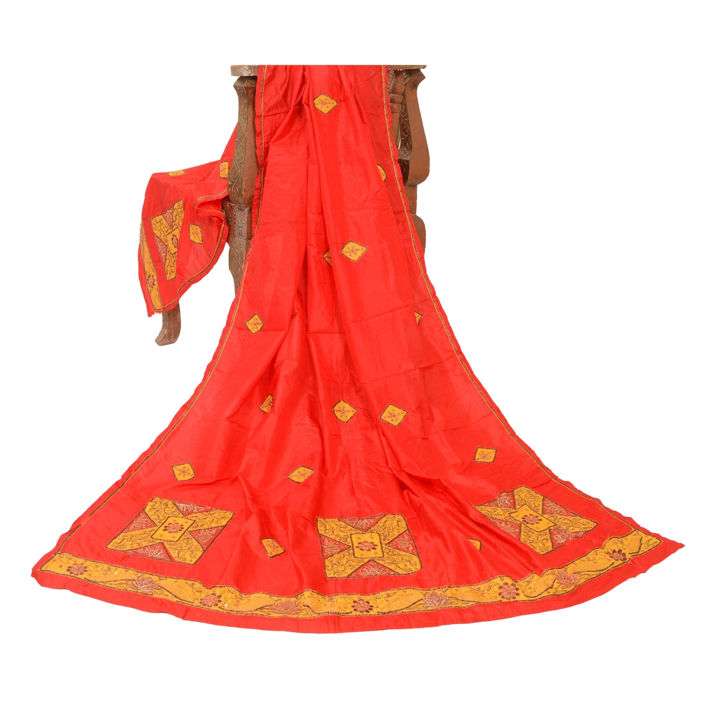 Sanskriti Vintage Red Dupatta 100% Pure Silk Hand Beaded Patch Work Wrap Stole