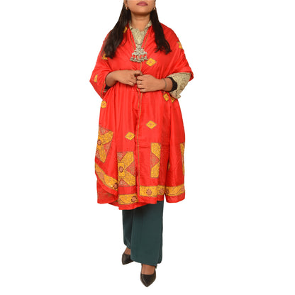 Sanskriti Vintage Red Dupatta 100% Pure Silk Hand Beaded Patch Work Wrap Stole