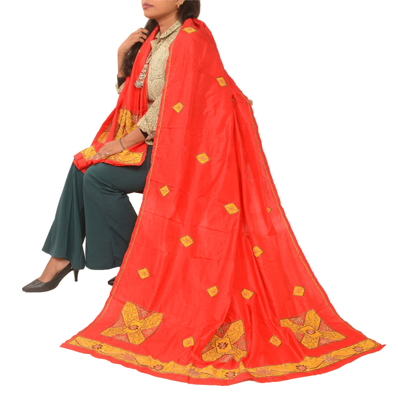 Sanskriti Vintage Red Dupatta 100% Pure Silk Hand Beaded Patch Work Wrap Stole