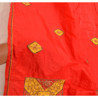 Sanskriti Vintage Red Dupatta 100% Pure Silk Hand Beaded Patch Work Wrap Stole