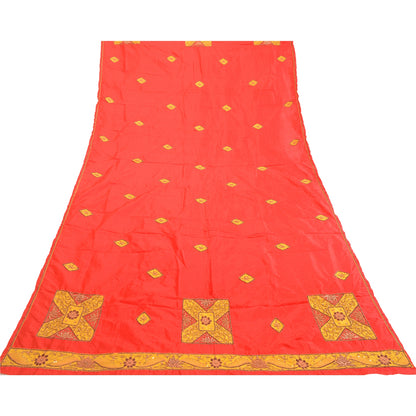 Sanskriti Vintage Red Dupatta 100% Pure Silk Hand Beaded Patch Work Wrap Stole