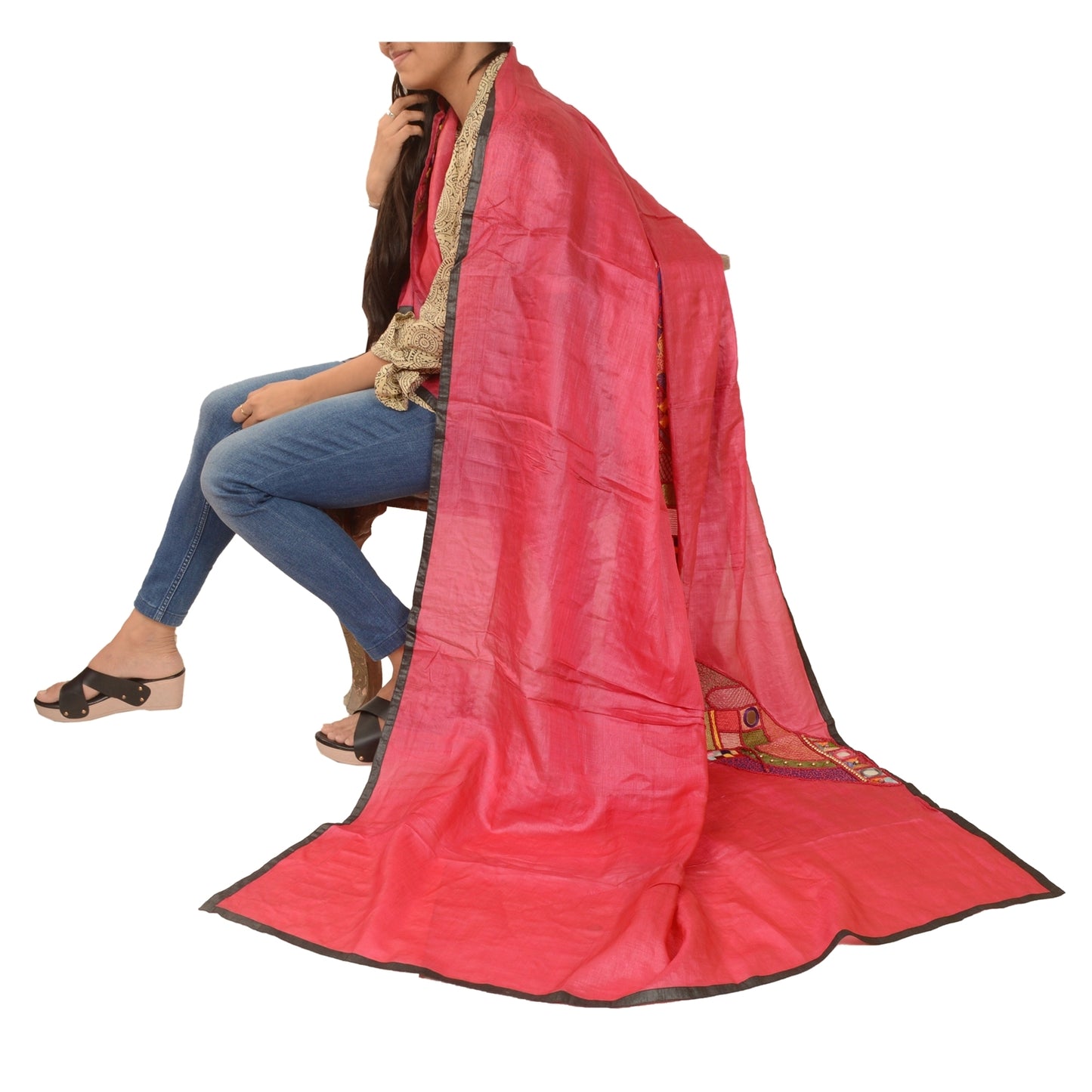 Sanskriti Vintage Pink Dupatta Pure Silk Hand Beaded Patch Mirror Festival Stole
