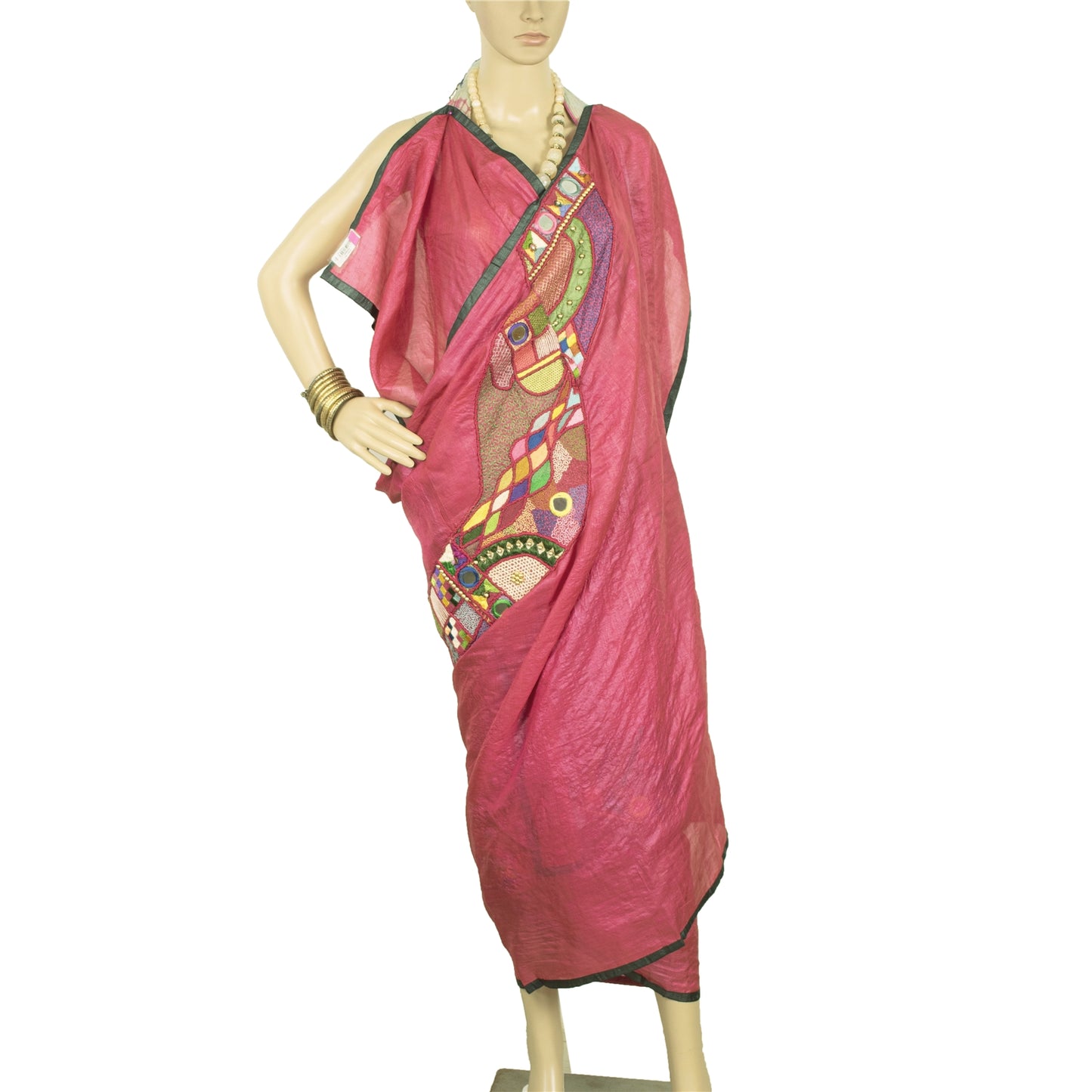 Sanskriti Vintage Pink Dupatta Pure Silk Hand Beaded Patch Mirror Festival Stole
