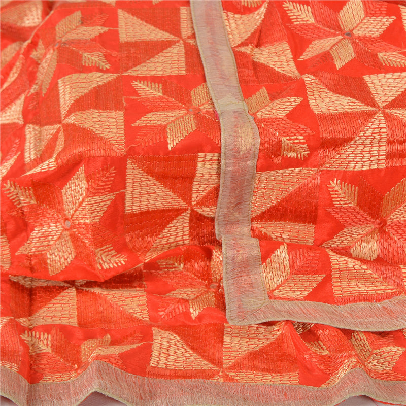 Sanskriti Vintage Red Art Silk Dupatta Hand Embroidered Bagh Phulkari Stole Veil Crafting, Upcycling, Recycling, Dress Making,Home Decor,