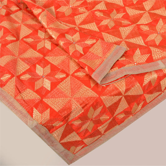 Sanskriti Vintage Dupatta Hand Embroidered Art Silk Bagh Phulkari Stole Red Veil