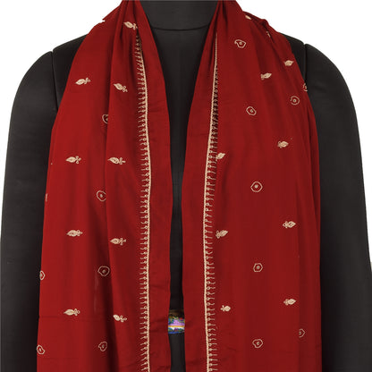 Sanskriti Vintage Dark Red Dupatta 100% Pure Silk Hand Beaded Zardozi Stole