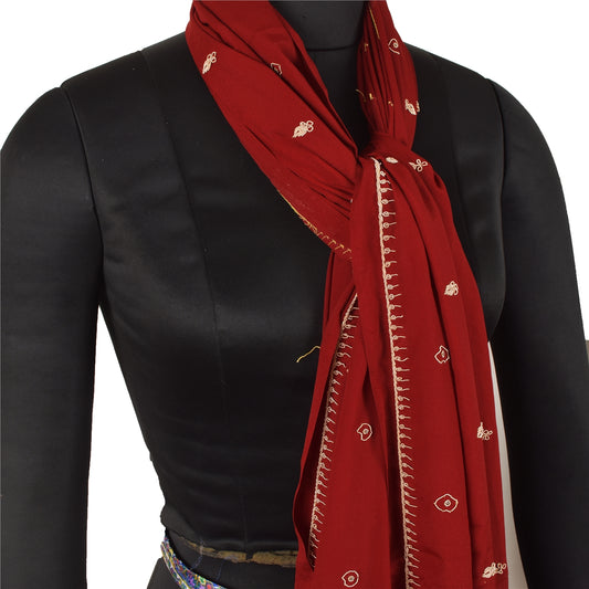 Sanskriti Vintage Dark Red Dupatta 100% Pure Silk Hand Beaded Zardozi Stole