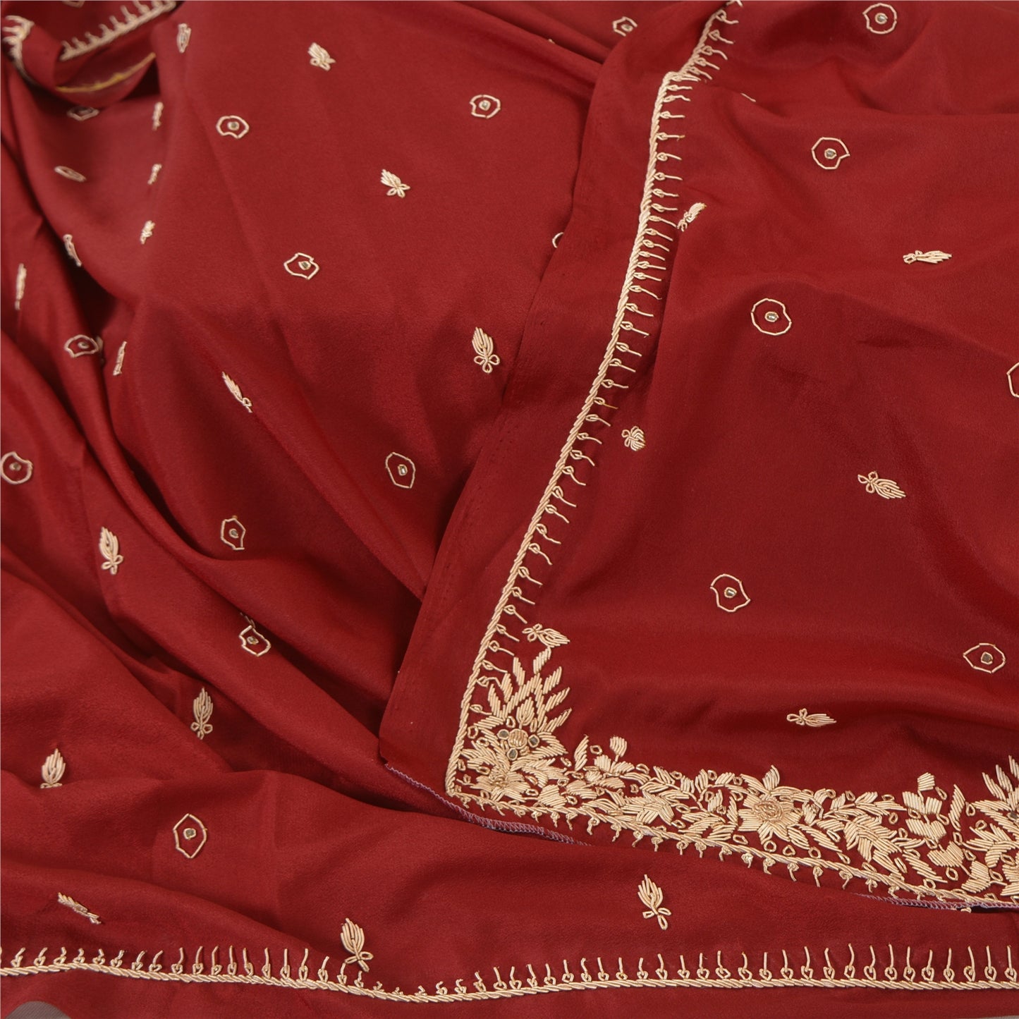 Sanskriti Vintage Dark Red Dupatta 100% Pure Silk Hand Beaded Zardozi Stole
