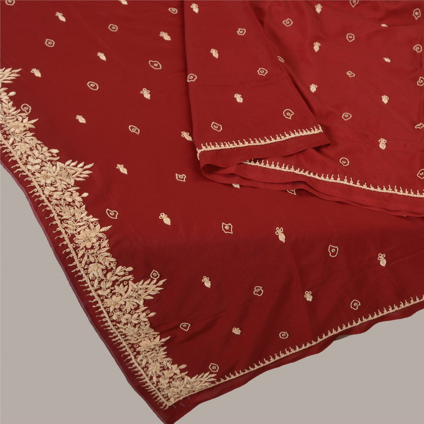 Sanskriti Vintage Dark Red Dupatta 100% Pure Silk Hand Beaded Zardozi Stole