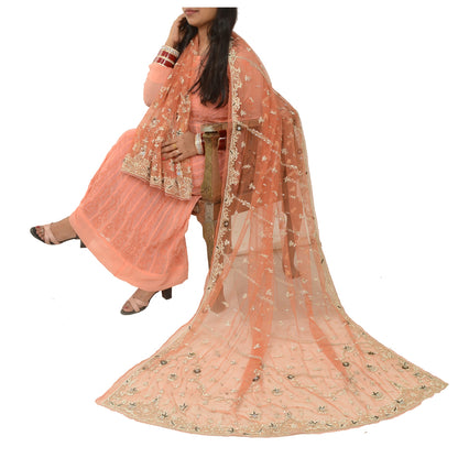 Sanskriti Vintage Orange Dupatta Net Mesh Handmade Zardozi Scarves/Stole