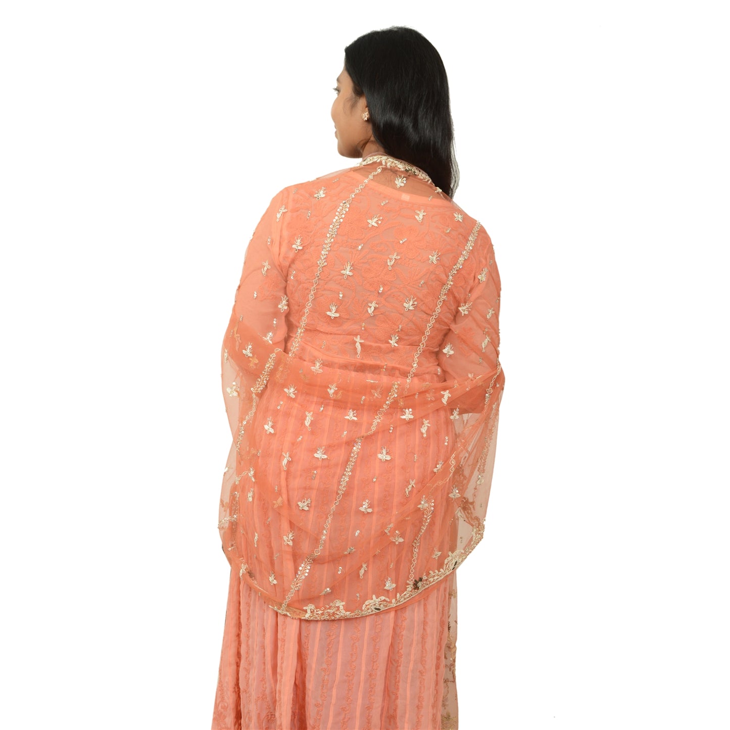 Sanskriti Vintage Orange Dupatta Net Mesh Handmade Zardozi Scarves/Stole