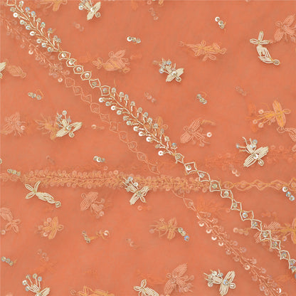 Sanskriti Vintage Orange Dupatta Net Mesh Handmade Zardozi Scarves/Stole