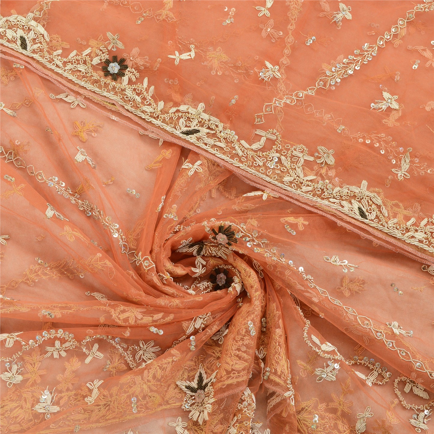 Sanskriti Vintage Orange Dupatta Net Mesh Handmade Zardozi Scarves/Stole