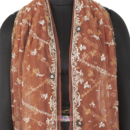 Sanskriti Vintage Orange Dupatta Net Mesh Handmade Zardozi Scarves/Stole